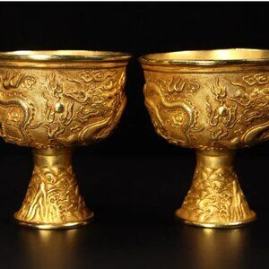 A Pair Chinese Gilt Gold Bronze Wine Cups w Double Dragon Chasing Fire Ball